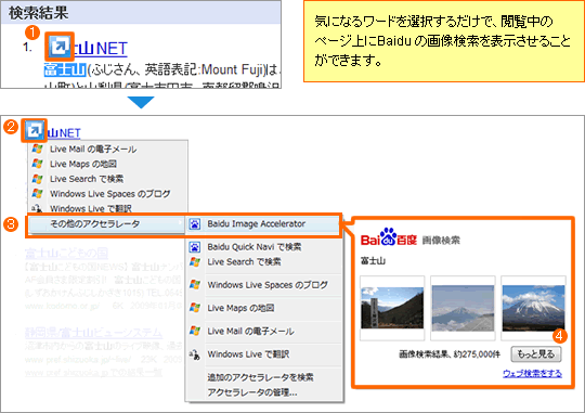 気になるワードを選択するだけで、閲覧中のページ上にBaidu の画像検索を表示させることができます。